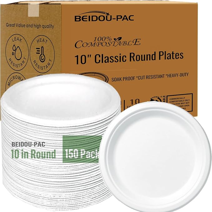 Compostable Heavy Duty Disposable Paper Plates, 150 Count | 10 Inch Round | Natural Bagasse, White Biodegradable Eco-Friendly Sugarcane BBQ, Party, Gathering, Picnic Sugarcane Tray