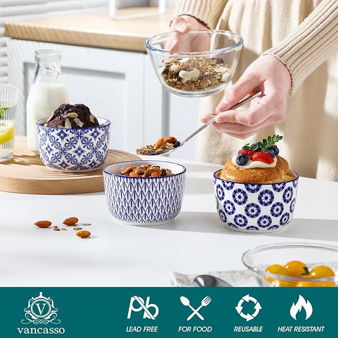 vancasso Selene 8 oz Ceramic Ramekins Set of 6, Large Capacity Oven-Safe Baking Cups for Soufflés, Snack Serving, Desserts, Blue and White Serving Bowls