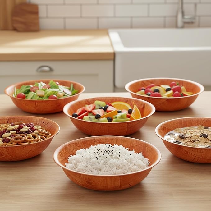 Fonteme|Winco 10-inch Wooden Serving Bowl, Set Of 6 | Round | Stackable | EZ To Wash | Great For Salads, Fruits, Snacks, And More [6PK]