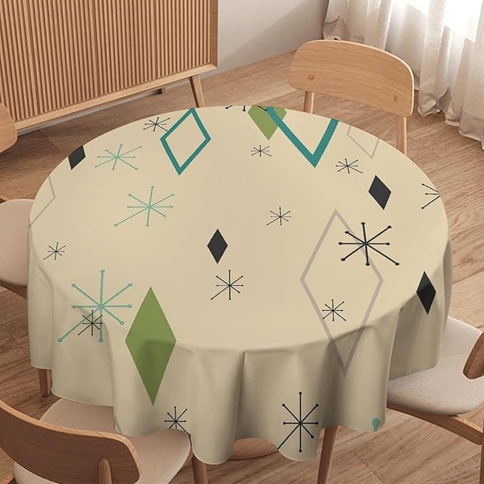 Colorful Middle Century Round Tablecloth, Vintage Bohemian Mid Century Modern Retro Print Tablecloth for Home Party Dining Room Kitchen Decor 60Inch(152cm)
