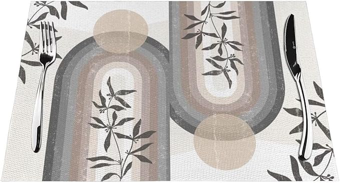 Boho Leaf Mid Century Placematss, Bohemian Plant Mid Century Palm Tropical Abstract Modern Washable Place Mats 12x18Inch for Dining Kitchen Farmhouse Decor 4 PCS