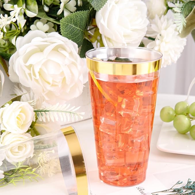 I00000 16 oz Gold Plastic Cups, 50 Pack Clear Plastic Cups Tumblers Gold Rimmed Disposable Cup, Heavy-duty Disposable Cup Perfect for Birthday, Wedding & Party