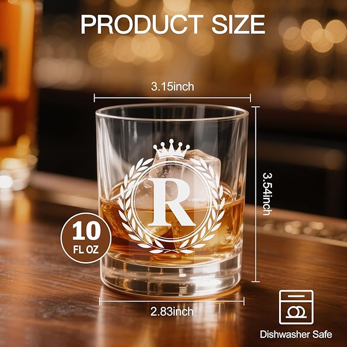 Whiskey Glasses - Rocks Old Fashioned Glass Gifts for Men, Monogrammed A-Z 10oz Personalized Whisky Glasses, Christmas Birthday Gifts for Men Him Dad Father Husband Brother Son (R)