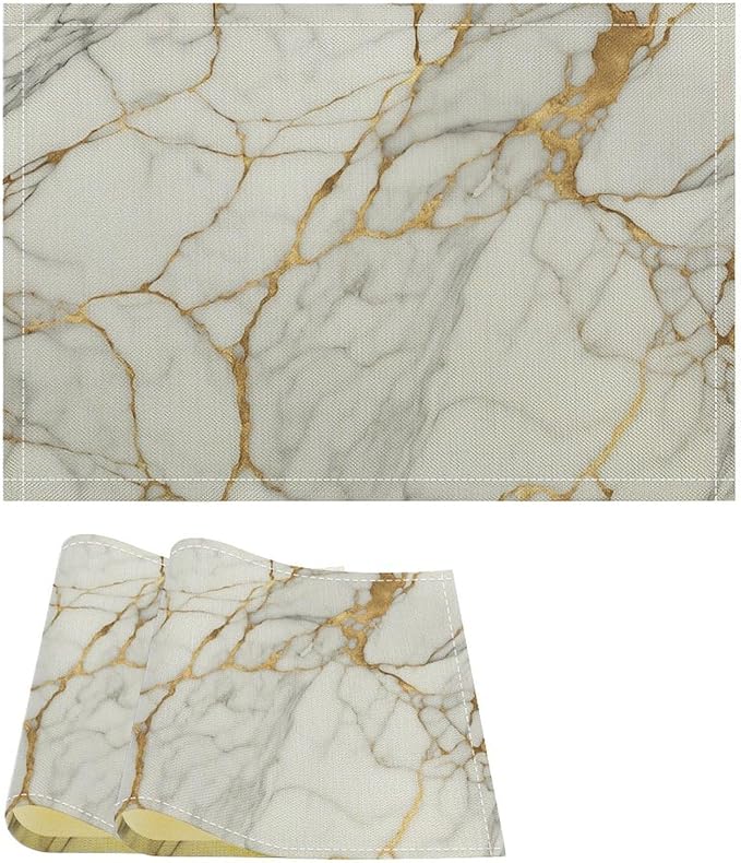 Marble Linen Placemats Set of 2, Modern Abstract Foil Texture White Gold Marble 12x17 Inch Washable Table Mats Non Slip Placemats for Wedding Party Kitchen Banquets Dining Decoration