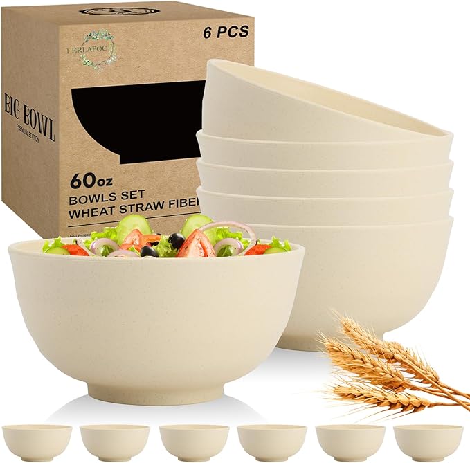 Large Wheat Straw Bowls Set of 6, 60 OZ Unbreakable Serving Bowls, Microwave Safe & Dishwasher Safe, Perfect for Salad, Fruit, Cereal, Soup, Ramen, Family Meals, Beige