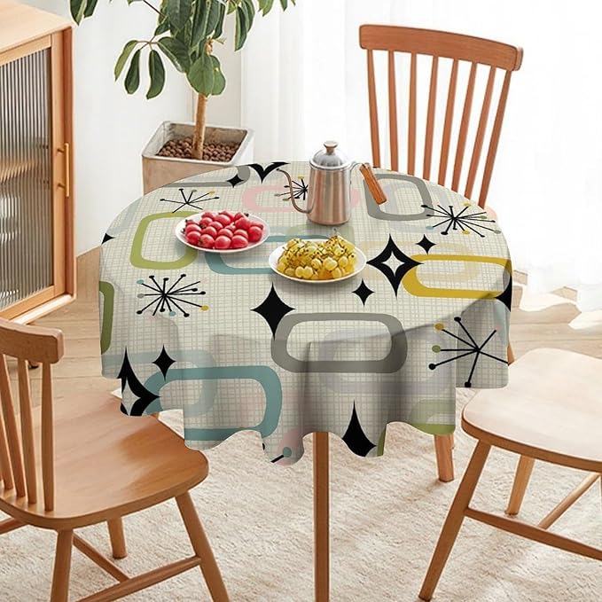 Mid Century Modern Round Tablecloth, Geometry Bohemian Retro Abstract Tablecloth for Home Party Dining Room Kitchen Decor 50Inch(127cm)