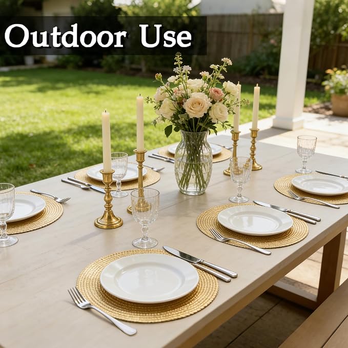 FAVE 12PCS Gold Vinyl Round Placemats, Wheat Sheaf Design 15 Inch Placemats Set of 12 Washable for Dining, Events, Banquet, Home & Daily Use (Gold Wheat,12pcs)