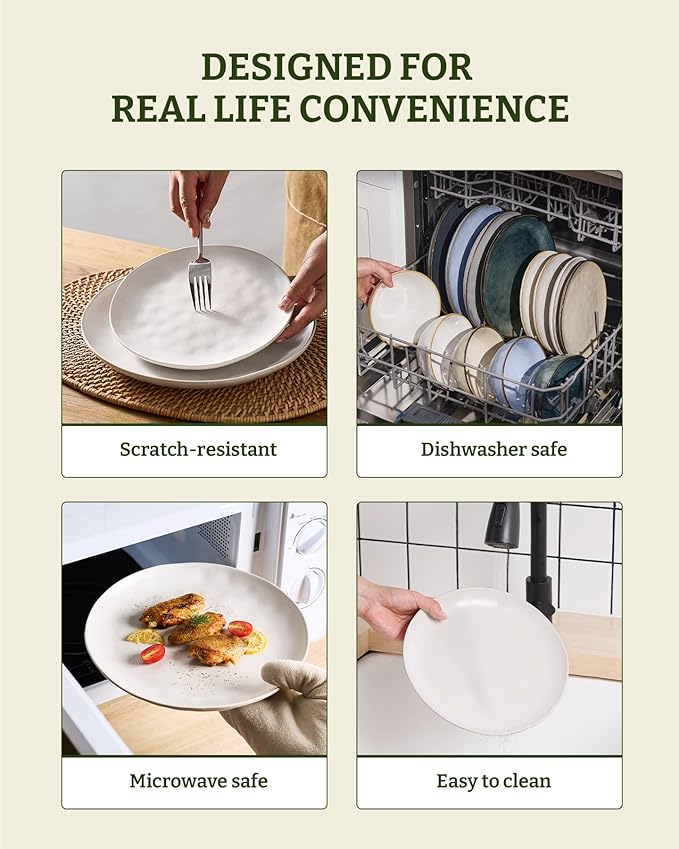 Famiware Dinnerware Sets for 4, Ocean Round 12-Piece Kitchen Plates and Bowls Sets, Microwave and Dishwasher Safe, Scratch Resistant, Matte White