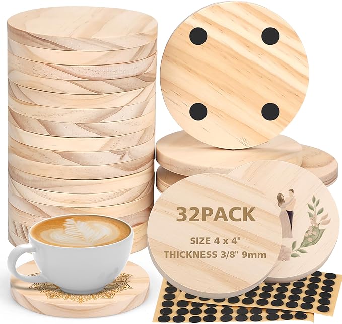 Adrattnay 32Pcs Unfinished Wood Coasters, 4" Round Wooden Coasters Tabletop Protection with Non-Slip Dot for Drinks, 9mm Blank Wood Coasters Bulk for Laser Engraving Painting Wood Burning Crafts