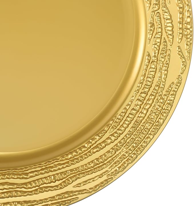 100 PCS Antique Charger Plates Bulk, 13 Inch Round Textured Edge Plastic Dinner Chargers, Bulk Plastic Charger Plates Set for Wedding, Party, Table Decor (Gold)
