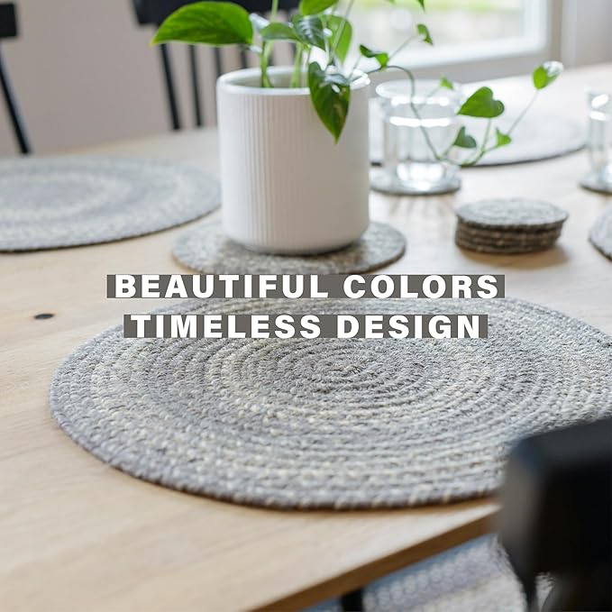 Homespice Grey Cloud Jute Braided Trivets for Table, Warm Farmhouse Decor, Set of 3, Grey 8" Round Heat Resistant Mat - Rich Colors, Easy to Clean, Durable and Protects Furniture