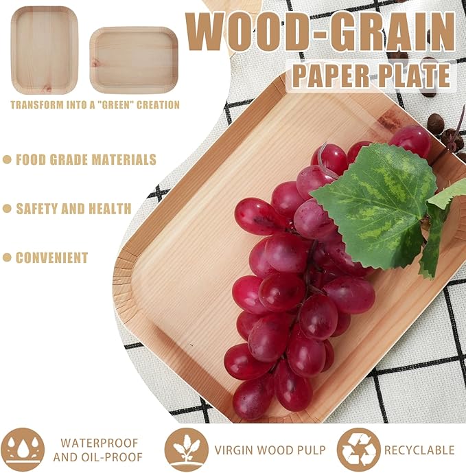 50 Pcs Wood Grain Paper Plates, 6.5 Inch Rectangle Plates, Disposable Rustic Party Plate for Woodland Baby Shower, Camp Fire, Camping, Lumberjack Birthday Party Supplies (S)