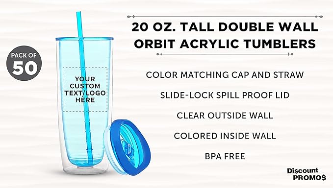 Custom Tall Orbit Acrylic Tumblers 20 oz. Set of 50, Personalized Bulk Pack - Perfect for Iced Coffee, Soda, Other Hot & Cold Beverages - Blue