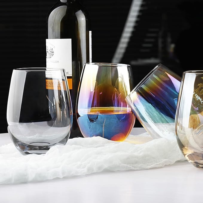 LUXU Amber Stemless Wine Glass(Set of 4)-20 Ounces,Colored Water Juice Drinking Glasses,All-Purpose Glass Wine Tumblers,No Stem Glass Beverage Cups,Perfect for Home,Bar,Restaurants and Parties