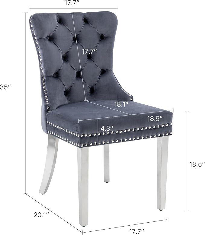 KCC Velvet Dining Chairs Set of 6, Upholstered High-end Tufted Dining Room Chair with Nailhead Back Ring Pull Trim Stainless Steel Legs, Contemporary Nikki Collection Modern Style for Kitchen, Gray