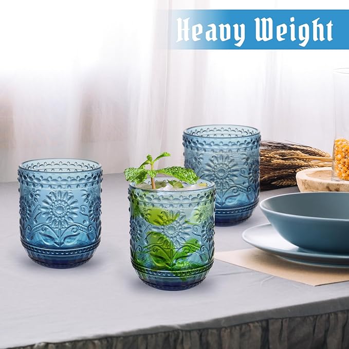 Topsky Vintage Drinking Glasses Set of 4,12oz Drinkware Set,Blue Glass Cups Wine Glasses Colored Glassware for Whisky,Beer,Juice,Cocktail,Heavy Duty