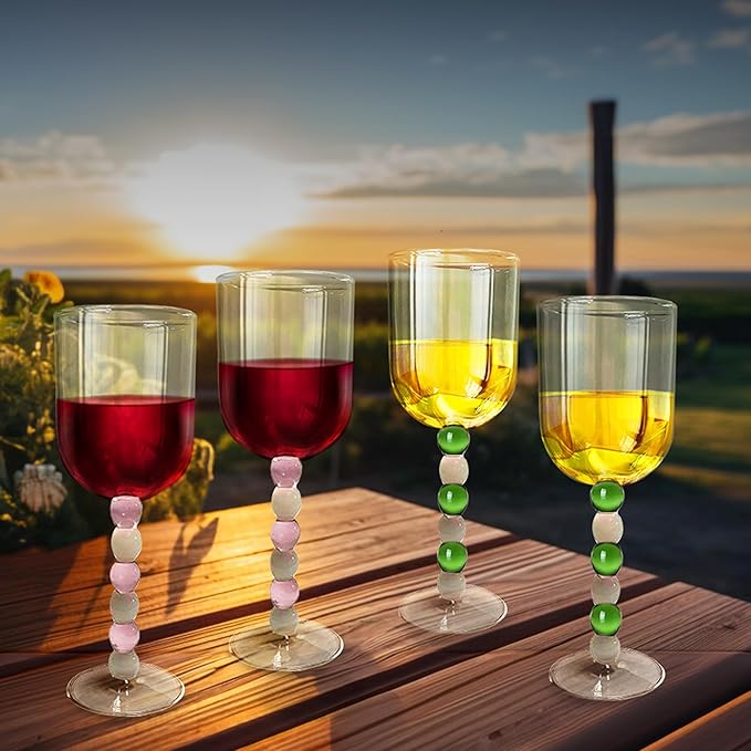 Gusto Buono 10.1oz Stemmed Wine Glass Set of 4 – Pink/White & Green/White Stem Handmade Glasses | Heat-Resistant, Dishwasher & Microwave Safe, Perfect for White & Red Wine, Dining, Parties, & Gifts