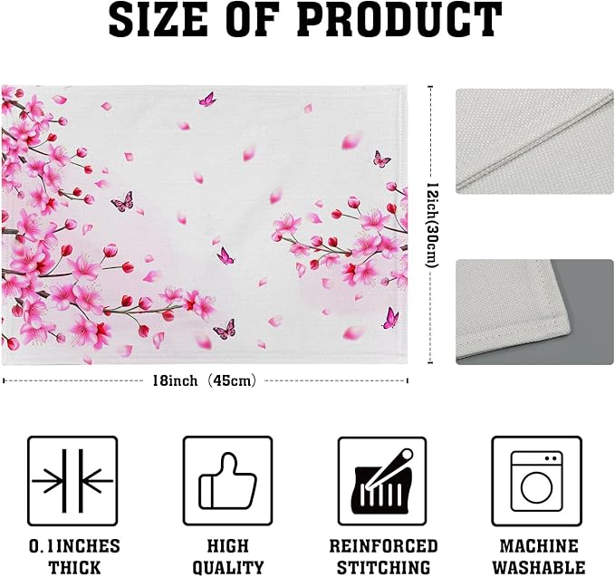 Cherry Blossom Placemats - Sakura Place Mats Set of 4 Pink Floral Flower Tablemats 12x18 for Party Kitchen Dining Farmhouse