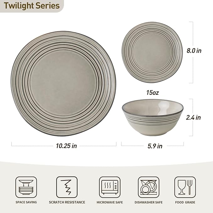 Famiware Plates and Bowls Sets 18-Piece Stoneware Dinnerware Sets, Dishes Set for 6, Hand-made Reactive Glaze Dish Set, Twilight Series, Terre-verte
