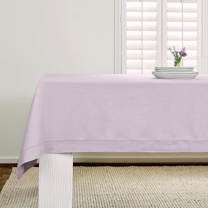 Solino Home Lilac Linen Tablecloth 52 x 52 Inch - 100% Pure Linen Square Table Throw - Classic Hemstitch, Machine Washable Table Cloth for Valentines, Spring, Easter