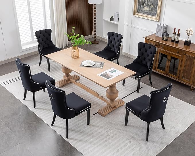 KCC Velvet Dining Chairs Set of 6, Upholstered High-end Tufted Dining Room Chair with Nailhead Back Ring Pull Trim Solid Wood Legs, Nikki Collection Modern Style for Kitchen, Black
