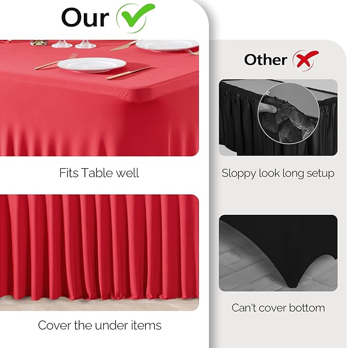 Wish Care 2 Pack Red Spandex Table Clothes for 8 Foot Rectangle Tables, 8FT Wrinkle Free Fitted Tablecloths Ruffles Design Stretch Table Cover for Party, Banquet, Wedding and Events