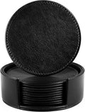LAMOTI Leather Coasters for Drinks, 4" Drink Coasters Set of 6 with Holder for Tabletop Protection, Handmade Luxurious Home Décor and Housewarming Gift (Black)