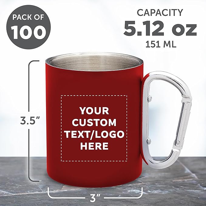Custom Stainless Steel Mugs with Carabiner Handle 10 oz. Set of 100, Personalized Bulk Pack - Perfect for Coffee, Soda, Other Hot & Cold Beverages - Red