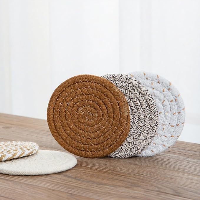 8 Pcs Drink Coasters with Holder, Handwoven Cotton Coasters Set Stackable Absorbent Minimalist Home Decor for Table, Cup, Mug (Dark Grey)
