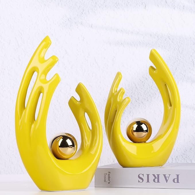 12"H Yellow Gold Aesthetic Room Decor Accent, TV Stand Funky Table Centerpiece, Abstract Art Ceramic Statue and Sculpture, Yellow Decor for Living Room, Bookshelf Decorative Objects, Shelf Decor