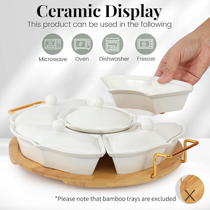 Party Serving Trays and Platters, Ceramic Lazy Susan Serving Tray with Divided Sections Appetizer Rotating Serving Tray for Fruits, Veggies, Chips and Dip Serving Set
