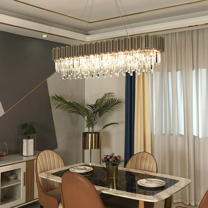L51.2 Nickel Rectangle Crystal Chandelier for Dining Room Modern Luxury Light Fixture Linear Kitchen Island Contemporary Pendant Ceiling Light Oval Raindrop Chandelier Lighting 19-Light