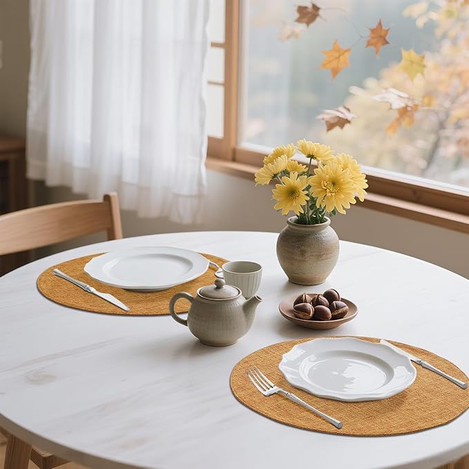 homing 15 Inch Round Cloth Placemats Set of 6, Cotton Linen Blend Washable Table Mats, Farmhouse Dining Place Mats for Indoors & Outdoors, Easy to Clean, Amber