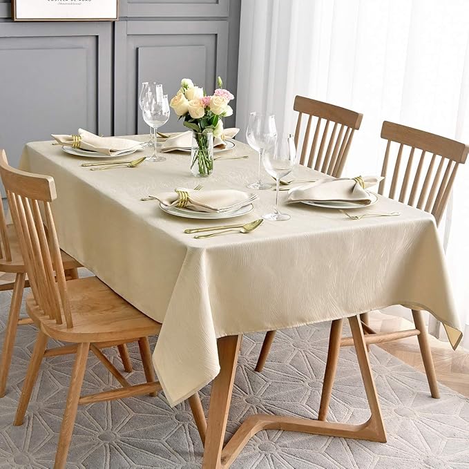 maxmill Jacquard Table Cloth Swirl Design Water Proof Wrinkle Free Heavy Weight Soft Tablecloth Decorative Fabric Table Cover for Outdoor and Indoor Use Rectangular 60 x 104 Inch Beige