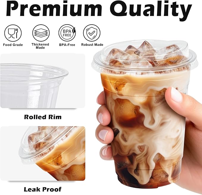 16 oz 100 Pack Clear Plastic Cups with Lids, Sturdy Iced Coffee Cups with Sip Lids, Disposable Food Safe Smoothie Cup for Cold Drinks, Juice, Milkshake