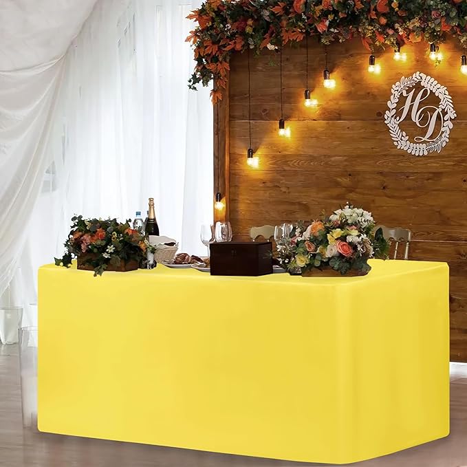 HolidayIdeas 2 Pack Fitted Yellow Tableclothes - 48 x 24 Inch - Rectangle Tablecloths for 4 Foot Tables, Polyester Fabric Table Covers for Parties, Baby Shower, Wedding, Trade Show