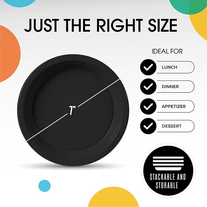 Black Plastic Plates For Party 7" Black Disposable Plates Heavy Duty 100 Pcs Plastic Dinnerware Sets Heavy Duty 350 GSM Disposable Dinnerware Set