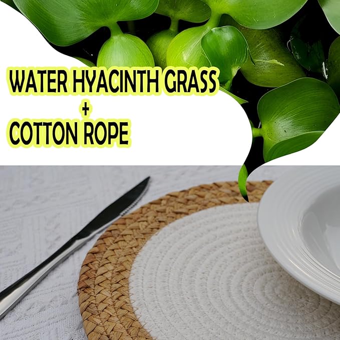 ANDSTAR Round Woven Placemats Set of 6, 12"x12", Natural Wicker Placemats, Water Hyacinth Straw Braided Placemats,Boho Place Mats for Farmhouse, Rustic Table (Water Hyacinth + White Cotton Rope)