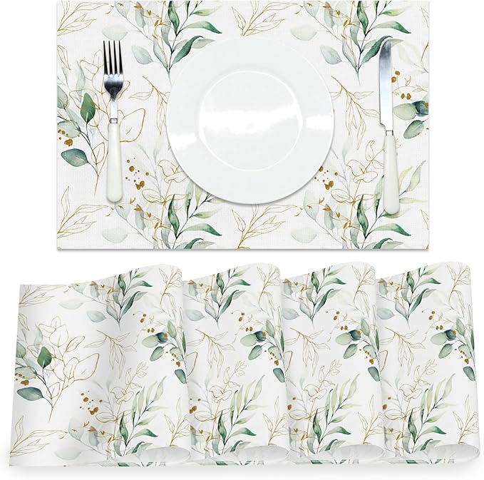 Leaves Printed Placemats Set of 4 Watercolor Sage Green Gold Branch Place Mats Washable Rectangular Spring Table Mats for Party Home Kitchen Restaurant Dining Table Decor 12x18 Inch