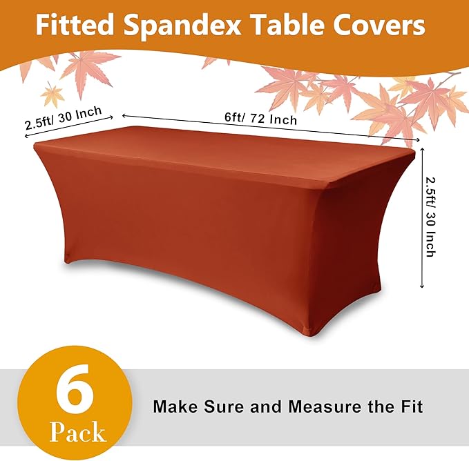 Table Cover for 6 Foot Rectangle Tables-6 Pack Rust Thanksgiving Fitted Stretch Tablecloth-Spandex 6ft Fall Tablecloths for Party, Vendor Booth Display, Banquet Buffet, Craft Trade Show