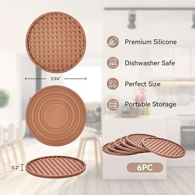 Coasters for Drinks, Silicone Coasters Set of 6 with Metal Holder, Outdoor Coaster for Coffee Table, Non-Slip Rubber Table Cup Mat Desk, Heat Resistant & Scratch-Proof (Tawny)