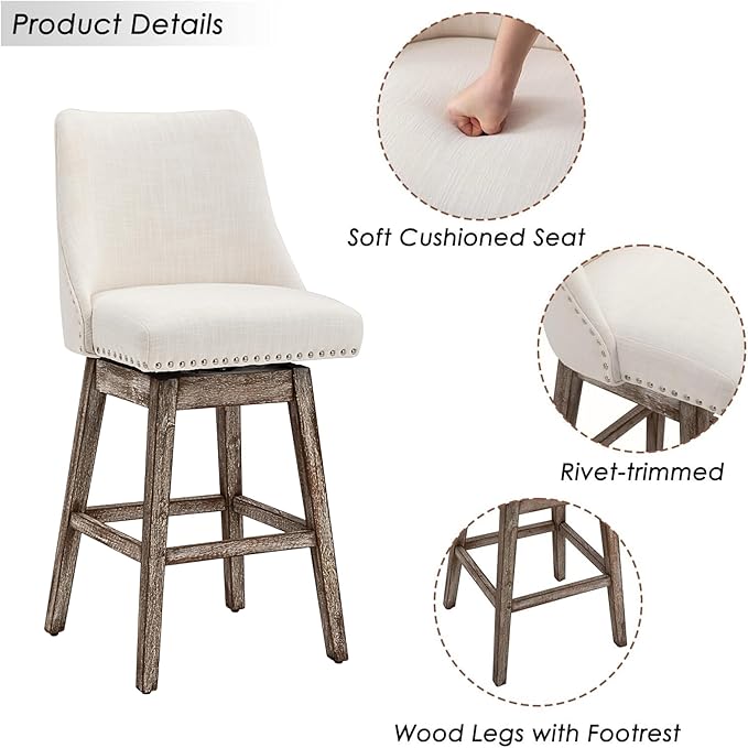27.5" Counter Height Bar Stools Set of 3, Linen Fabric Mid Century Modern Swivel Barstools with Back & Wood Legs Comfy Upholstered Counter Chairs for Home Bar/Dining Room/Restaurant, Cream