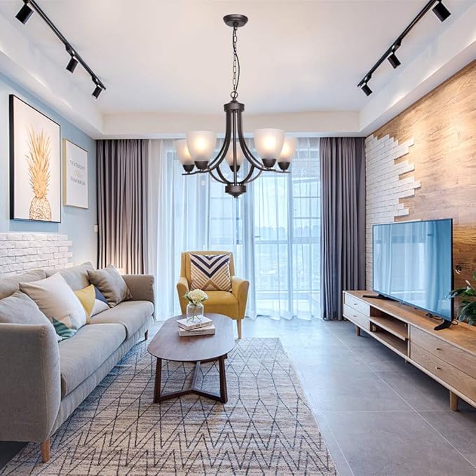 VINLUZ 5 Light Shaded Contemporary Chandeliers with Alabaster Glass Oil Rubbed Bronze Modern Light Fixtures Ceiling Hanging Rustic Pendant Lighting for Dining Room Foyer Bedroom Living Room