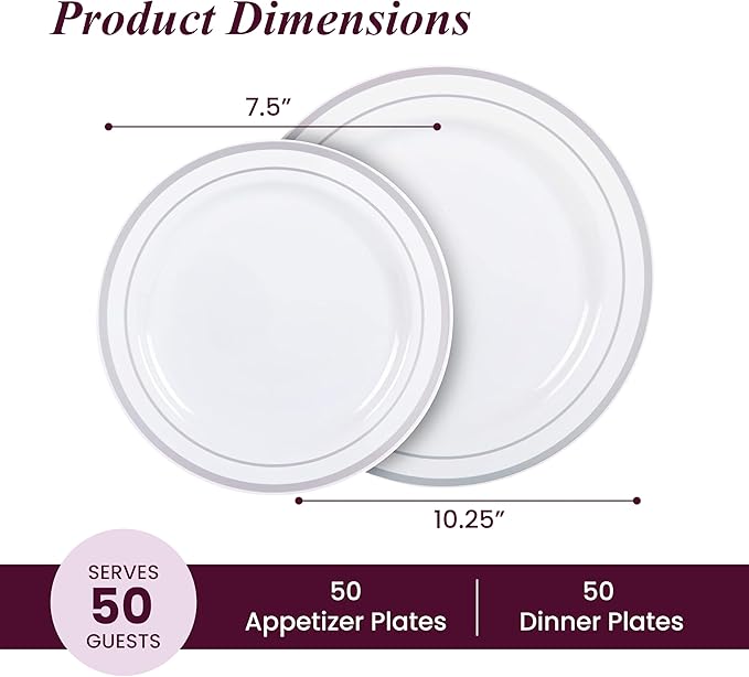 Aya's 100 Silver Rimmed Disposable Plates Set, Heavy Duty - 50 Dinner and 50 Dessert Plastic Plates for Party - Elegant White and Silver Design, Durable Tableware for Weddings, Events and Celebrations