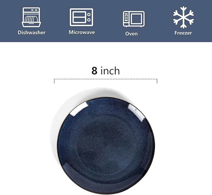 vicrays Ceramic Round Plates Set of 6 - Porcelain 8 inch Dinner Plates for Salad Dessert Appetizer Bread - Microwave Oven and Dishwasher Safe - Blue