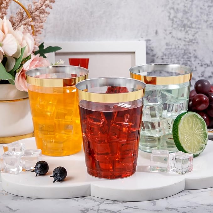 DaYammi 200 Pack Gold Plastic Cups 10 Oz Clear Cup Gold Rimmed Disposable Wine Glasses Fancy Disposable Party Cups Tumblers Drinking Cup Plastic Cocktail Glasses gold disposable cups for Party Wedding