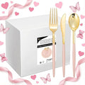 I00000 144Pcs Pink Plastic Silverware, Gold Disposable Flatware with Pink Handle, Gold Plastic Cutlery Set Includes: 48 Forks, 48 Knives and 48 Spoons Perfect for Party & Wedding