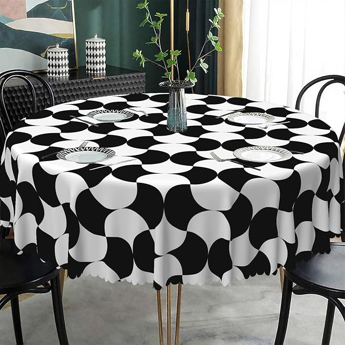 Laeacco 42 Inch Geometric Round Tablecloth Black and White Abstract Pattern Modern Art Print Table Cloth Washable Waterproof Wrinkle Free Table Cover for Kitchen Dining Picnic Party Decoration
