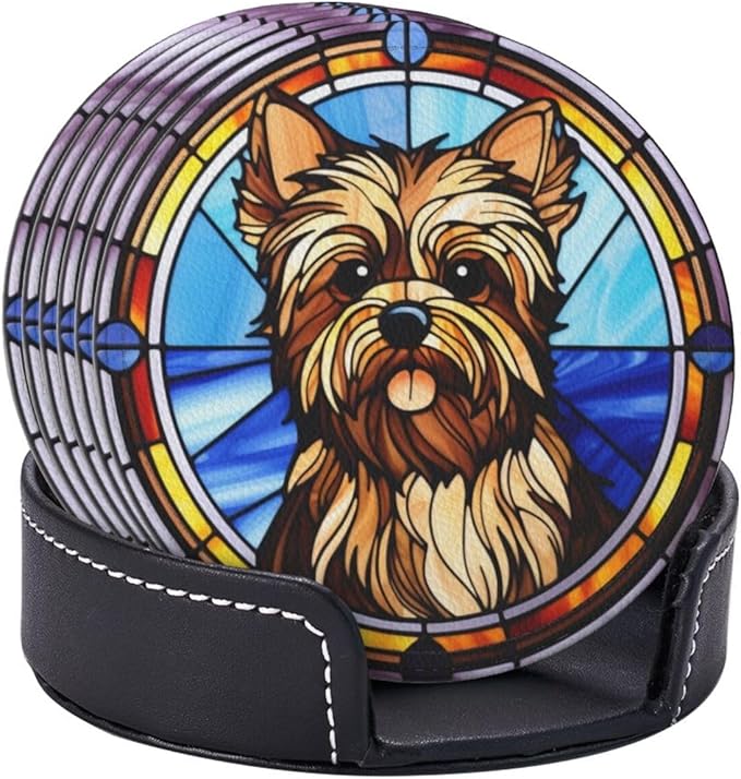 Drink Coaster Set of 6, Yorkshire Terrier Dog Mom Lover Gift,Leather Drink Coasters with Holder,6 Pack Cup/Bar/Drink Coasters for Table/Drinks/Coffee Protection Housewarming Gift