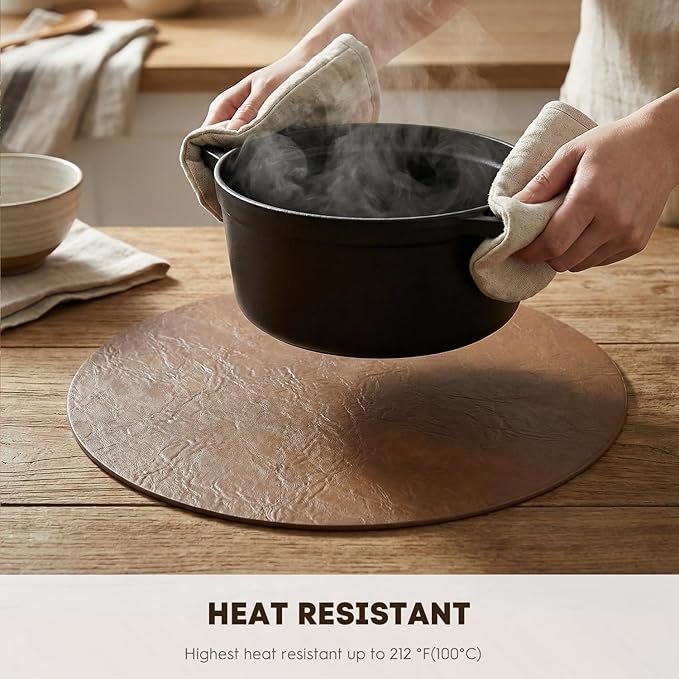 Artoid Mode Brown Faux Leather Placemats Set of 4, 15 Inch Waterproof Wipeable Heat Resistant Vinyl Place Mats, Reversible Table Mats for Kitchen Dining Decor